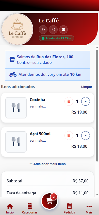 Carrinho do cliente com badge de delivery