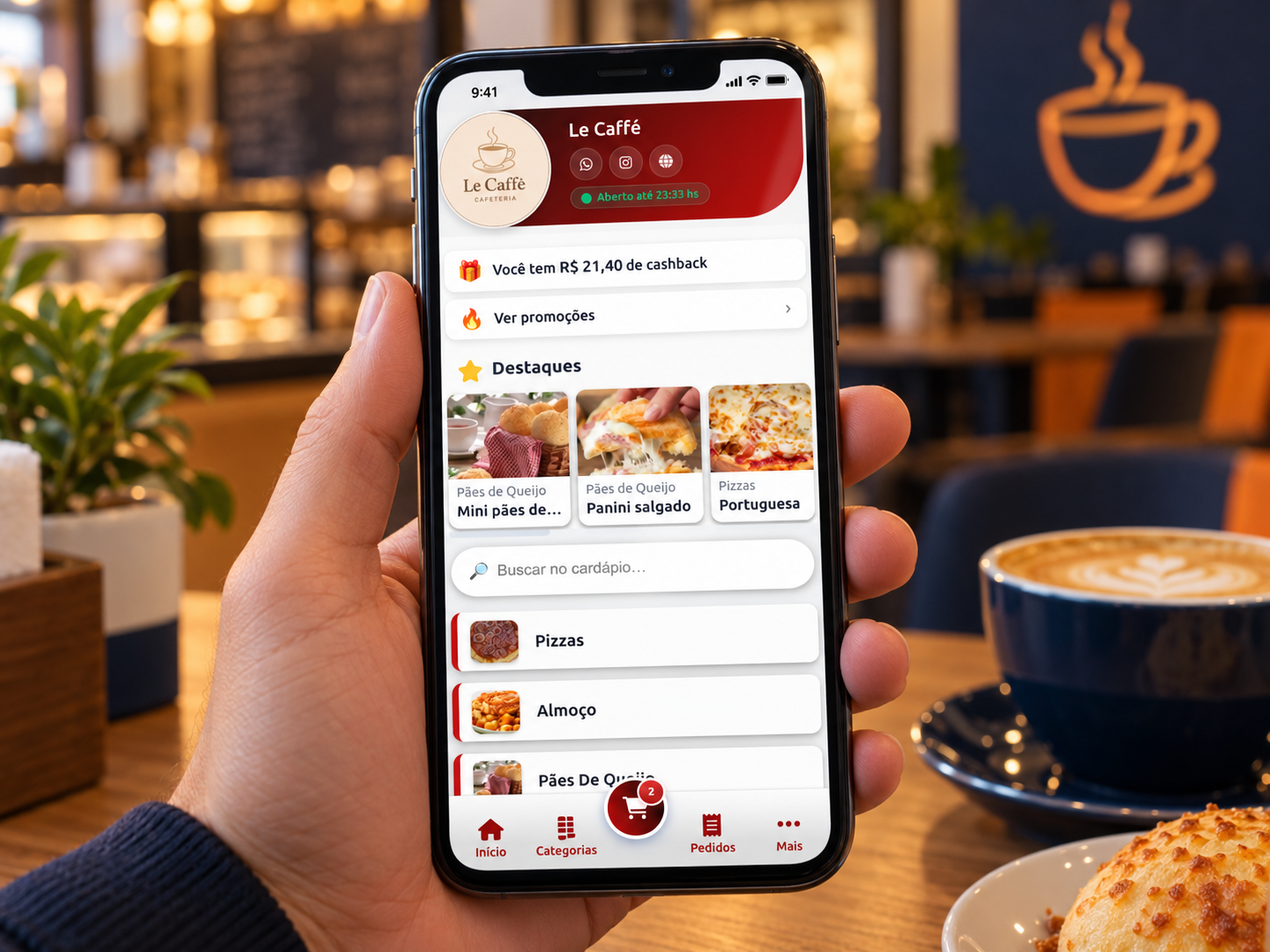 App do cliente mostrando o saldo de cashback e as promoções