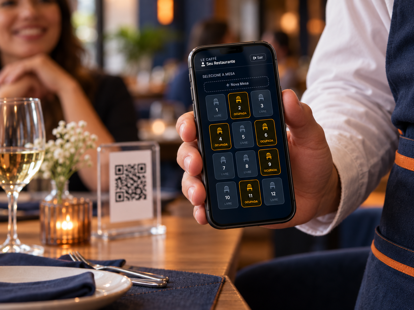 Garçom com o app de mesas na mão e QR Code de pedido na mesa